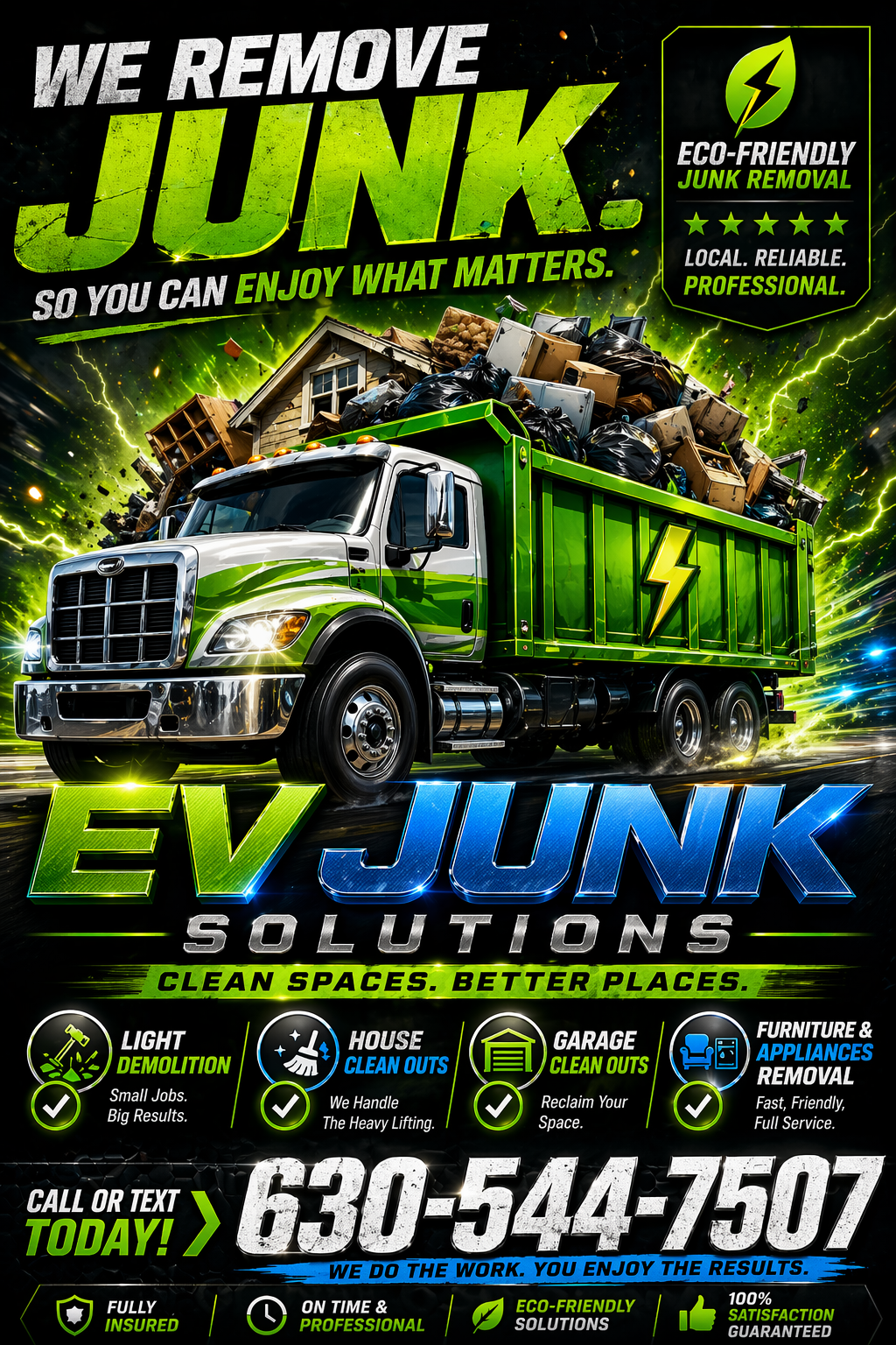 Logo for EV Junk Solutions featuring a green dump truck full of debris, a house, and a list of junk removal services.