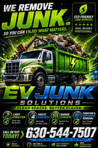Logo for EV Junk Solutions featuring a green dump truck full of debris, a house, and a list of junk removal services.