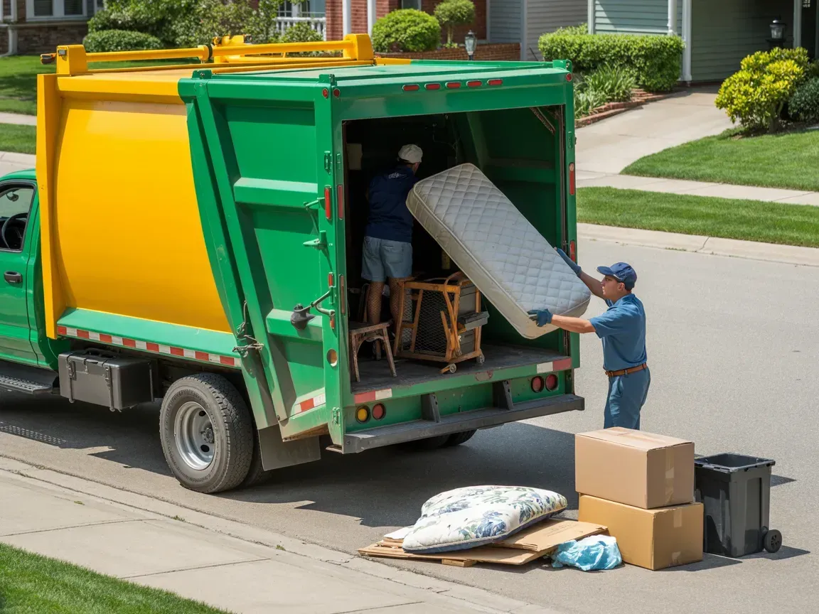 Two sanitation workers load a mattress into the back of a green and yellow garbage truck on a suburban street.