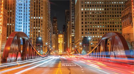 Chicago city bridge at night in lights