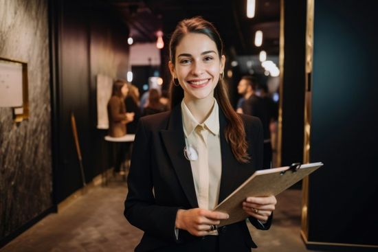 Event planner at a corporate event holding a clipboard while the company is having a meeting in the background.