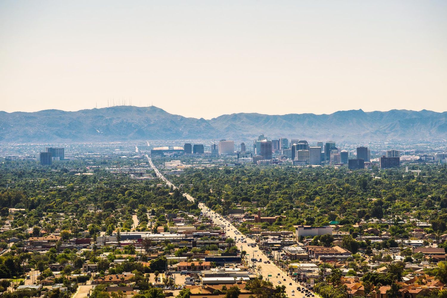 Cityscape of Phoenix, Arizona, with a tree-filled foreground, road, and high-rise buildings against a mountain backdrop.