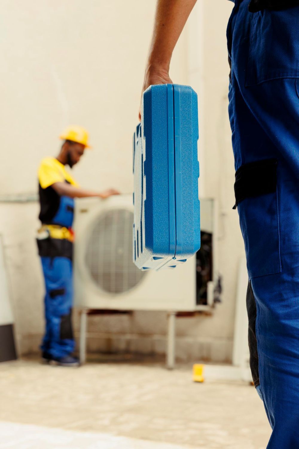 Person holding a blue toolbox, another person working on an outdoor air conditioning unit.