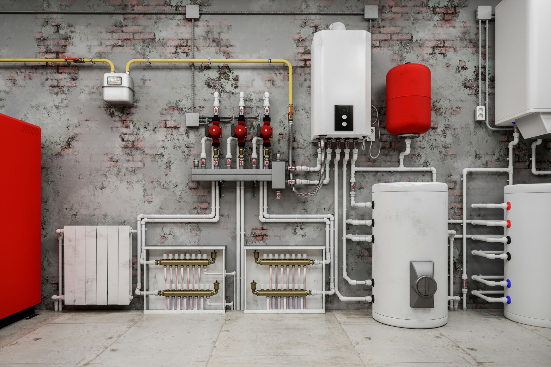 Heating system components mounted on a gray and brick wall in a utility room. Pipes and tanks are visible.
