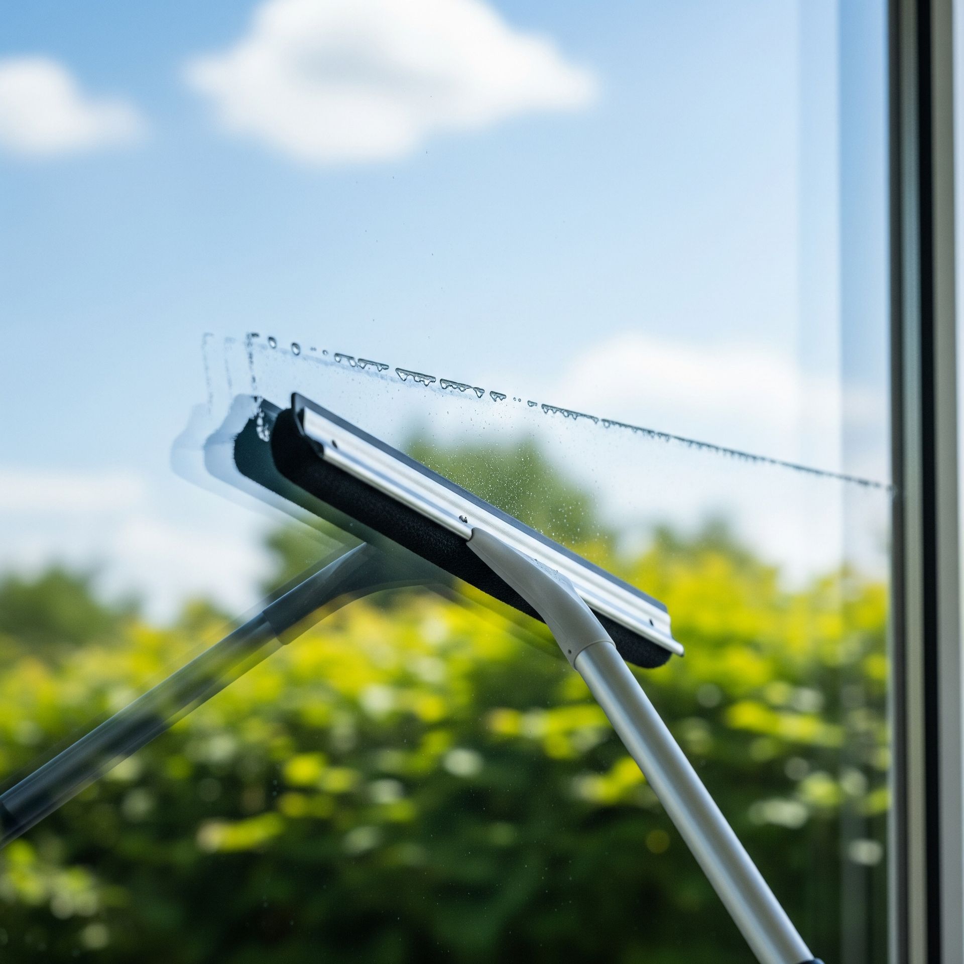 Window being cleaned with a squeegee; blue sky and green trees visible outside.