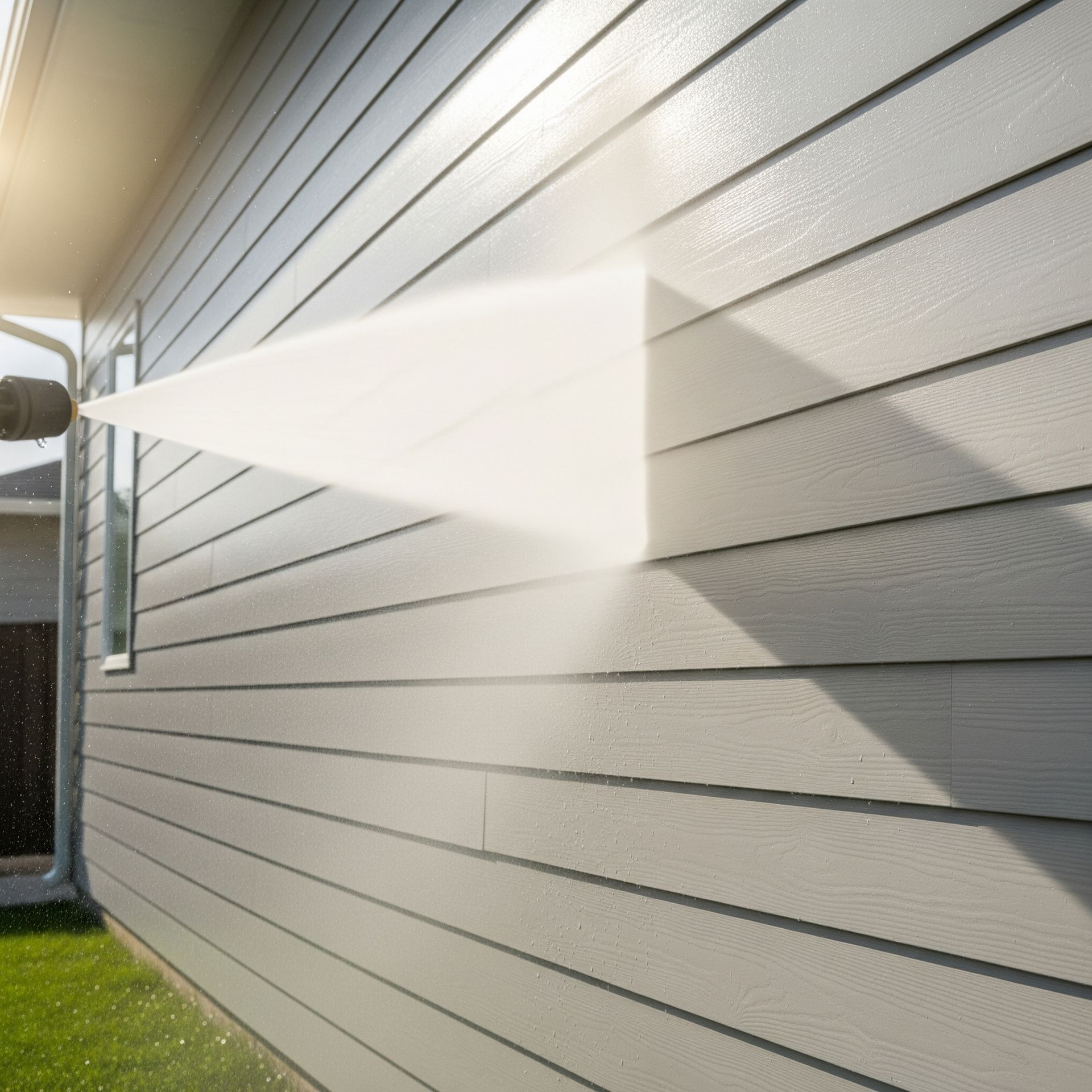 Power washer spraying a stream of water on light gray siding on a house.