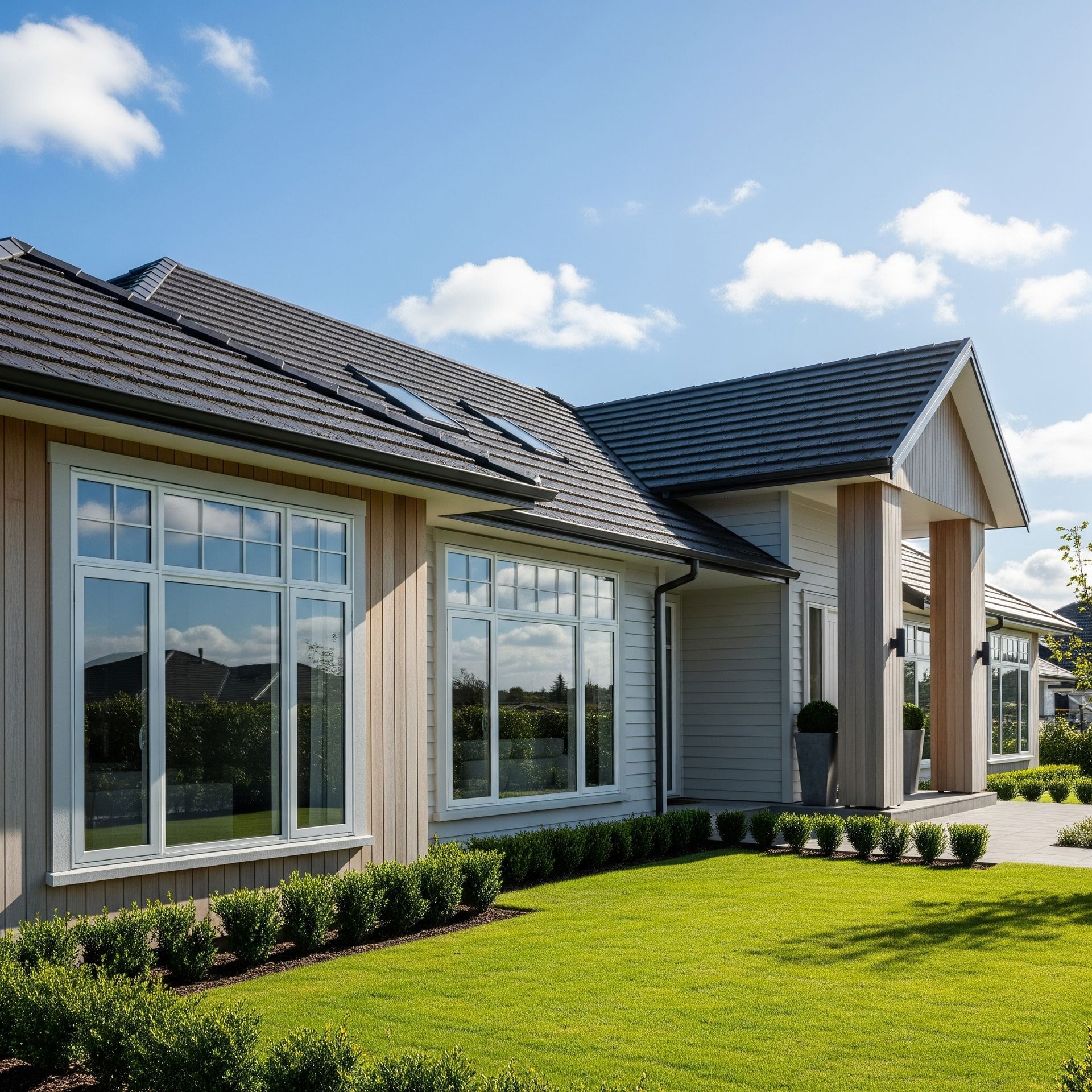 Modern house with large windows, green lawn, and blue sky.