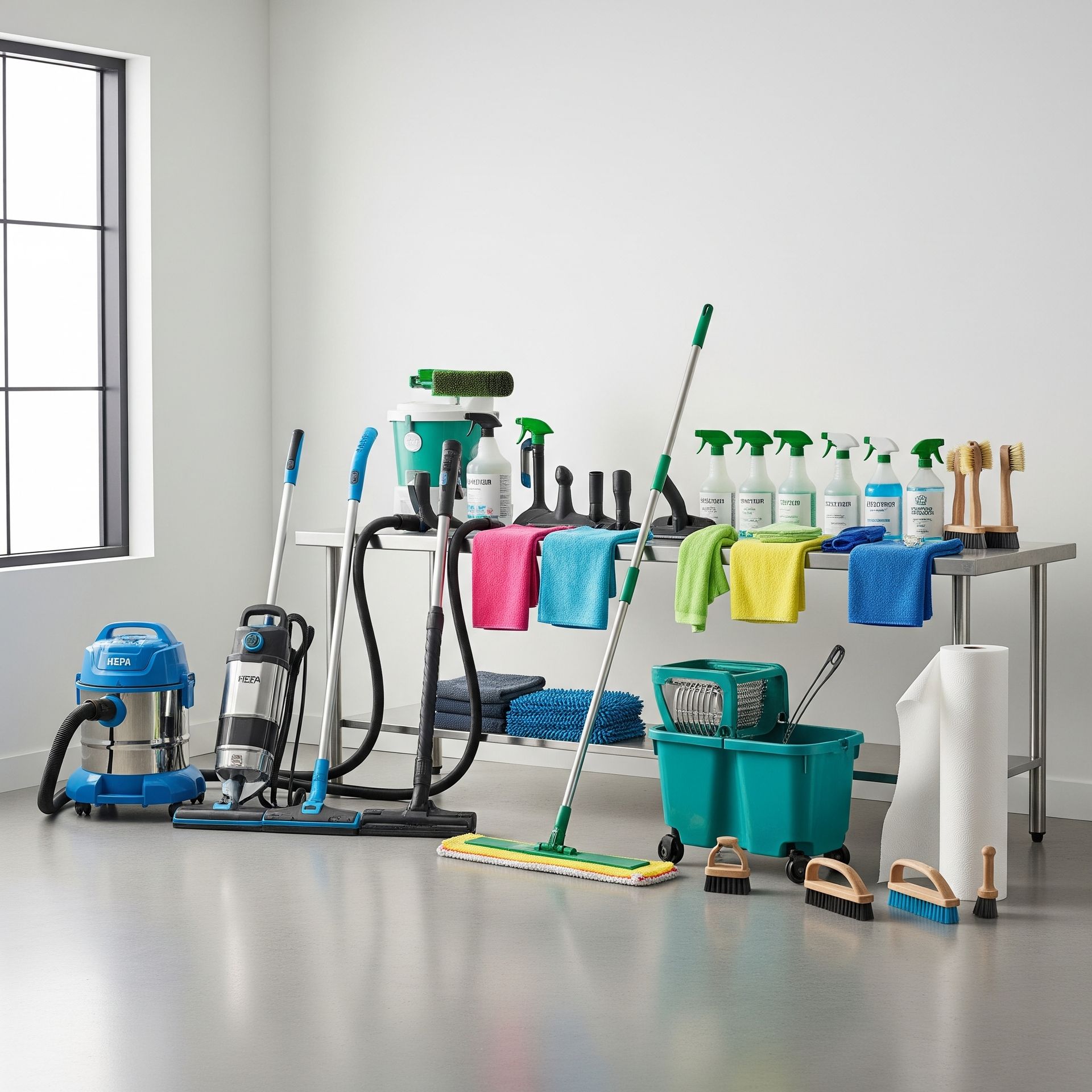 Cleaning supplies: vacuums, mops, buckets, sprays, towels, brushes on a metal table in a room with a window.