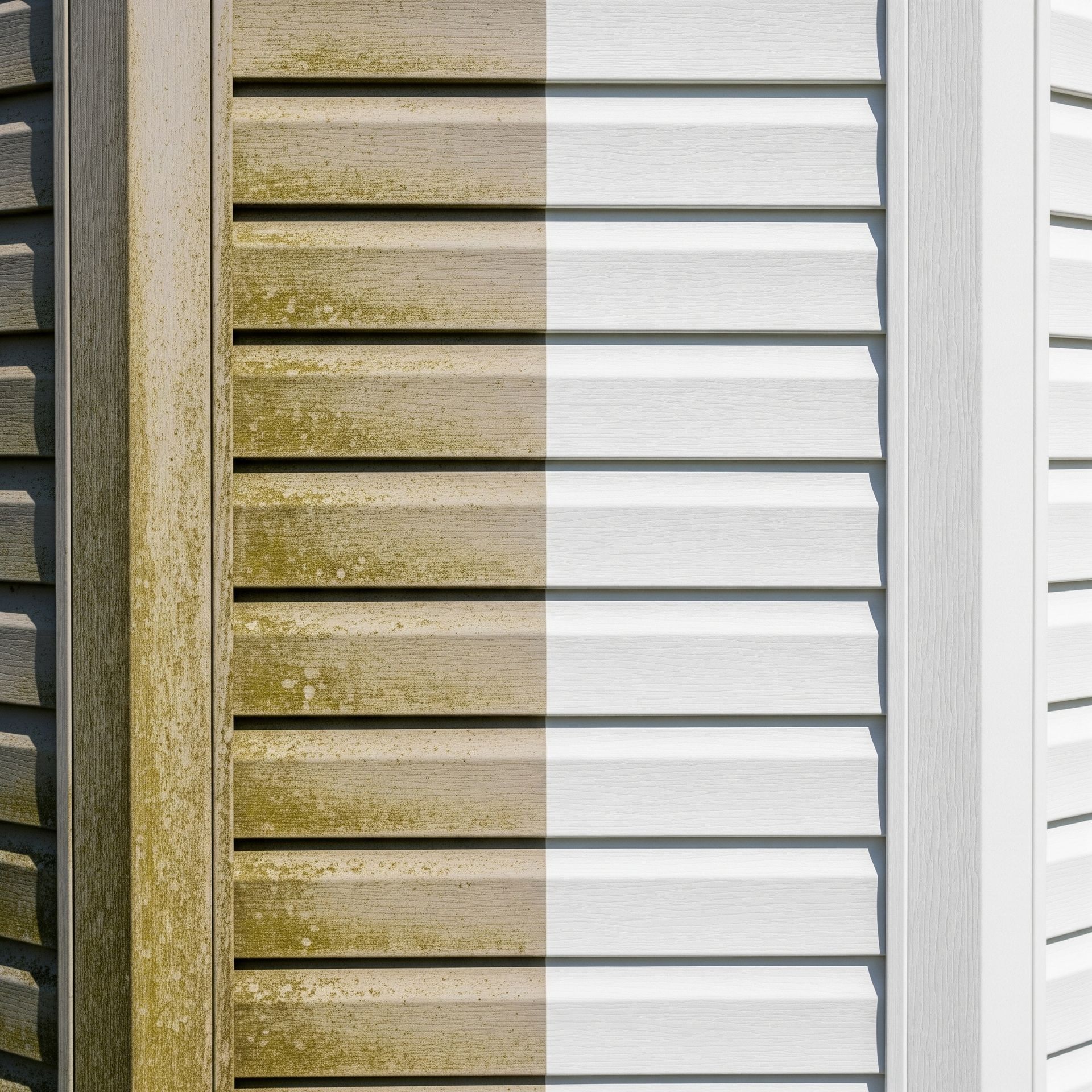 Comparison: Dirty and clean white vinyl siding. Left side is covered in grime, right side is pristine.