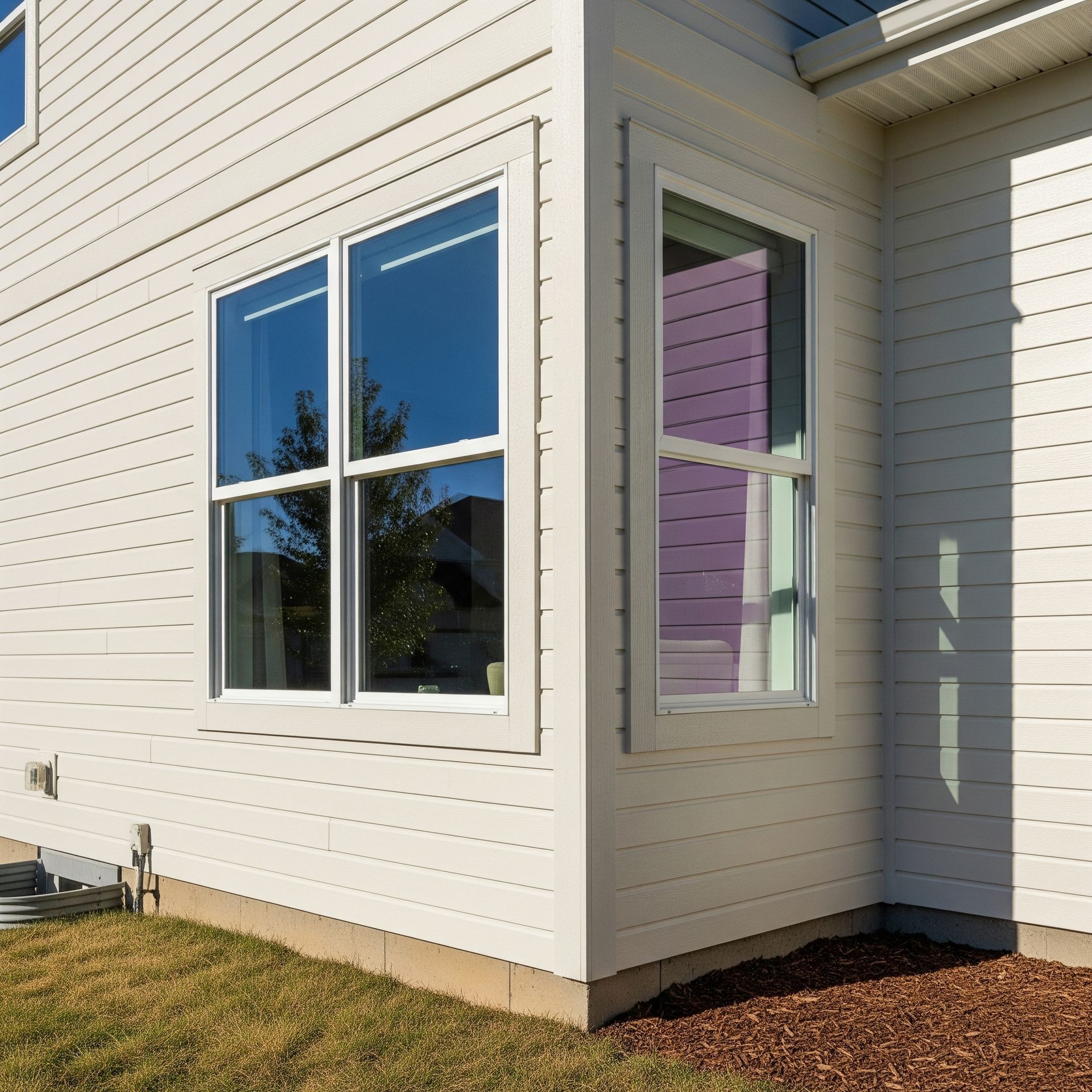 Beige house corner with white-framed windows reflecting blue sky and a tree.