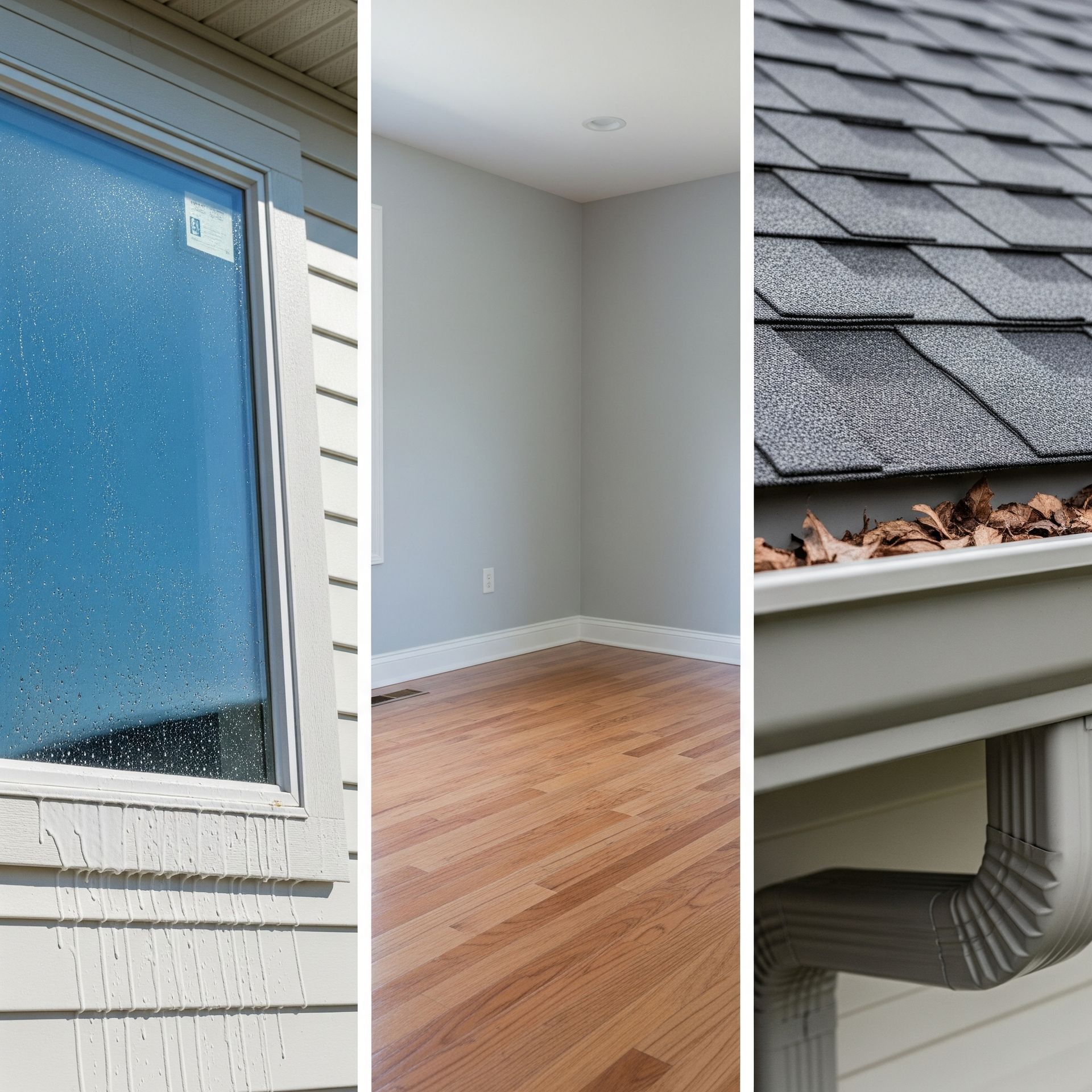 Water droplets on window, empty room with hardwood floor, rain on shingles and gutter.