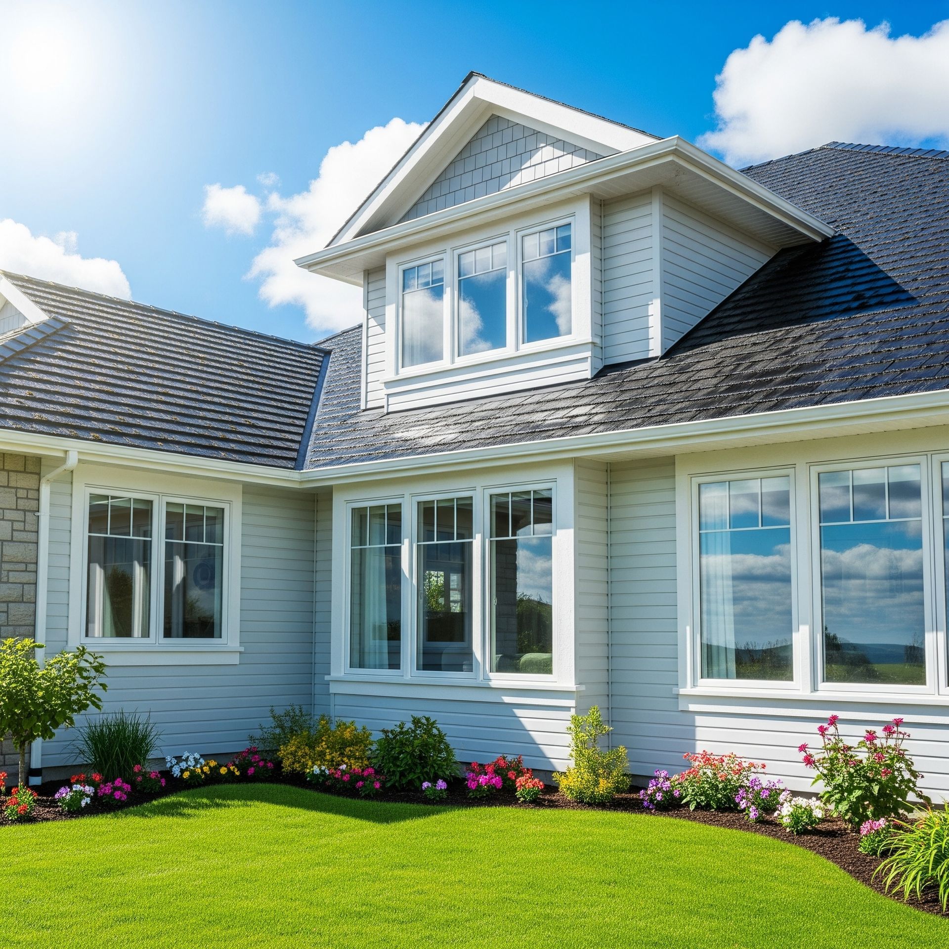 Suburban house with light blue siding, white trim, and a well-manicured lawn under a bright blue sky.