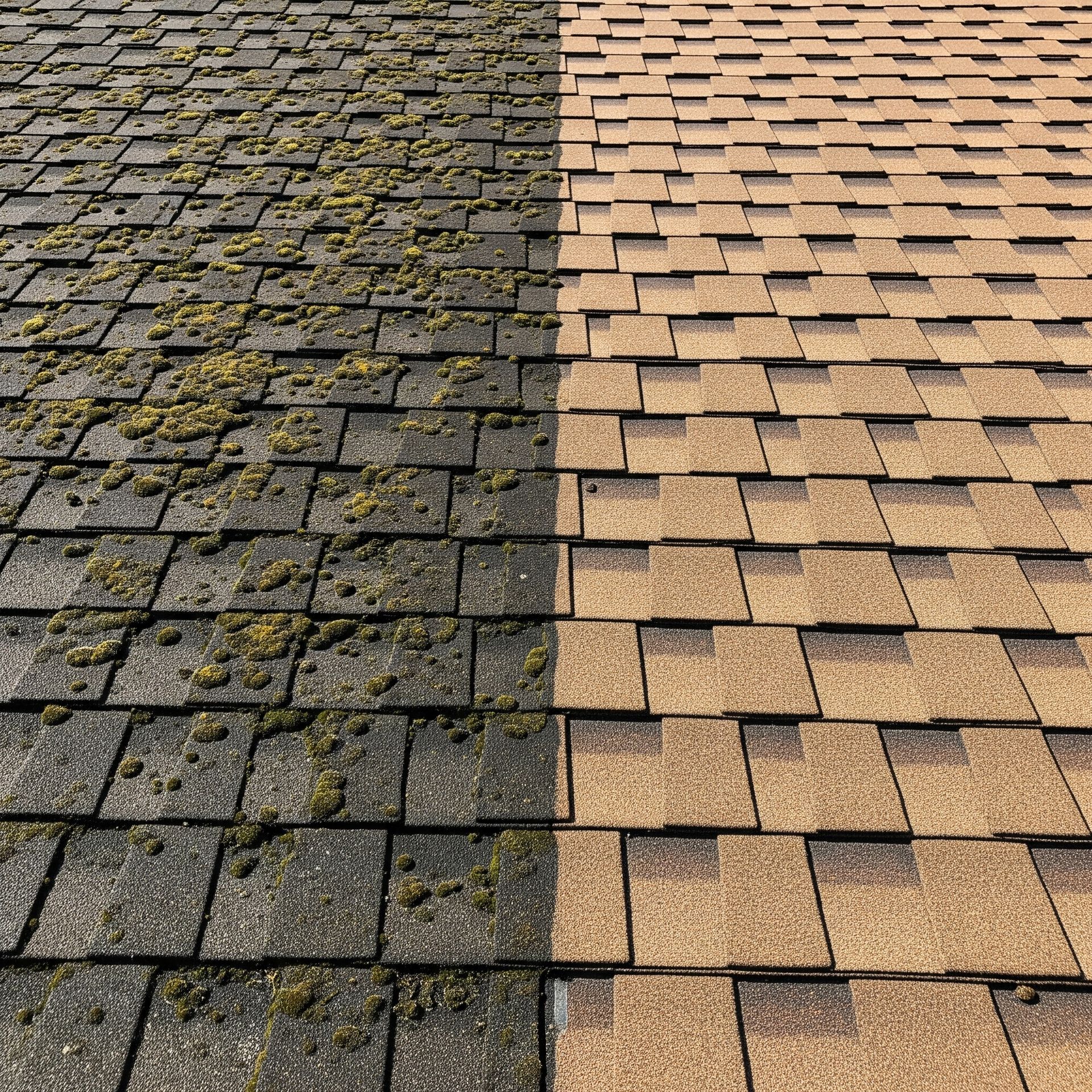 Roof partially cleaned, showing contrast between moss-covered shingles (left) and clean, light-brown shingles (right).