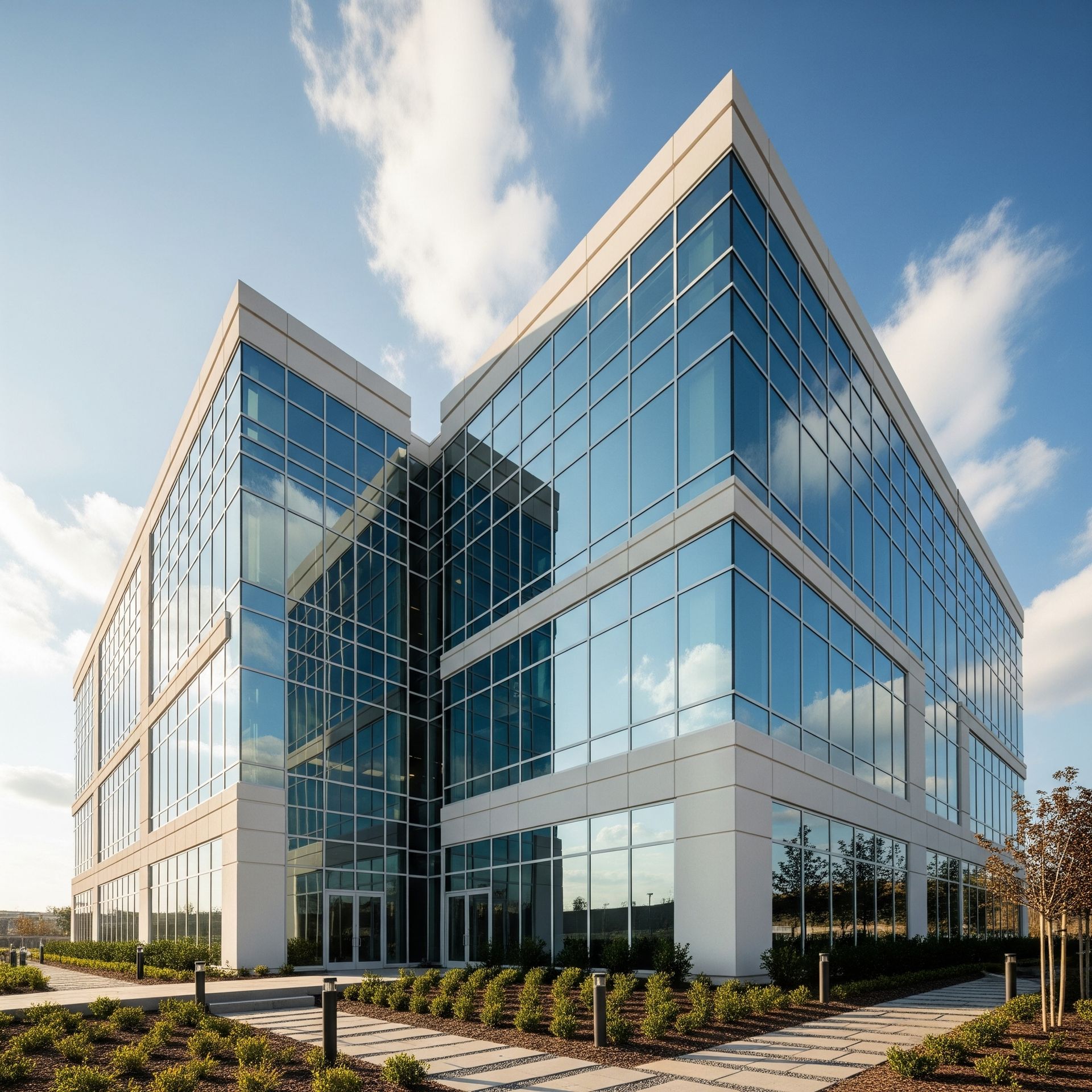 Modern, glass-walled office building with white trim against a blue sky with scattered clouds.