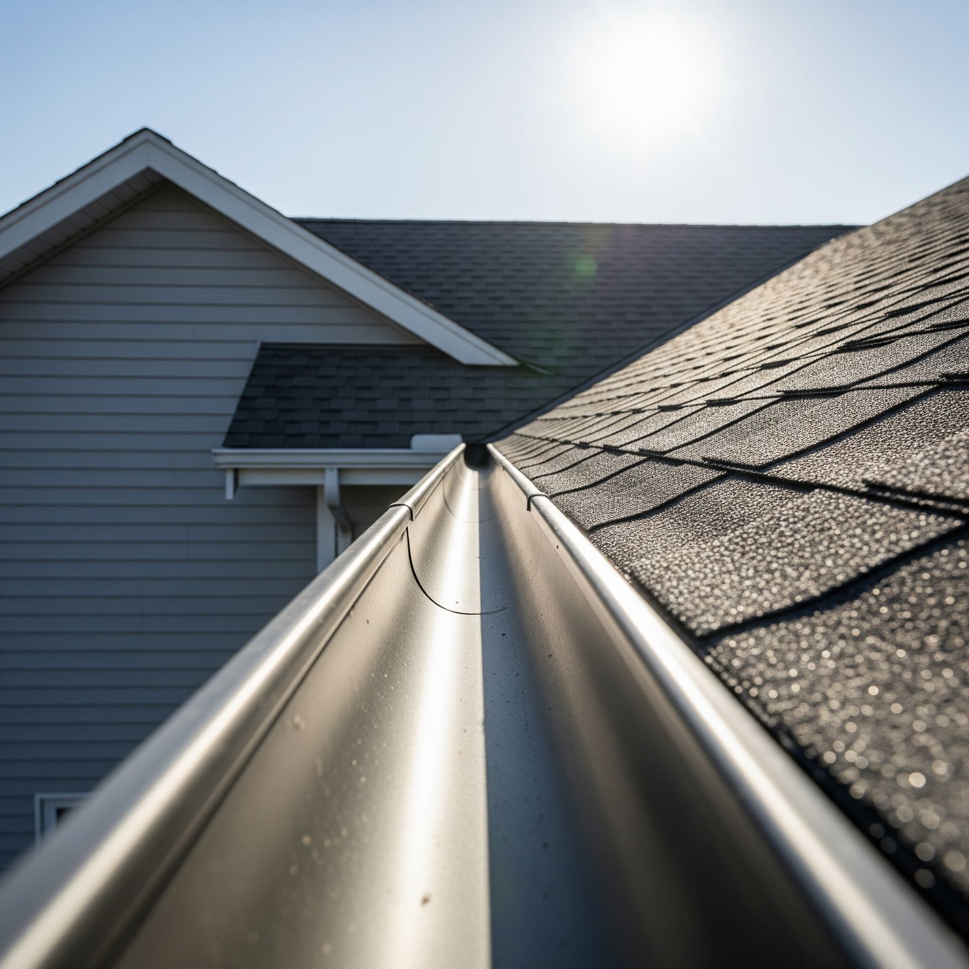 View into a clean, metal gutter on a residential roof under a sunny sky.