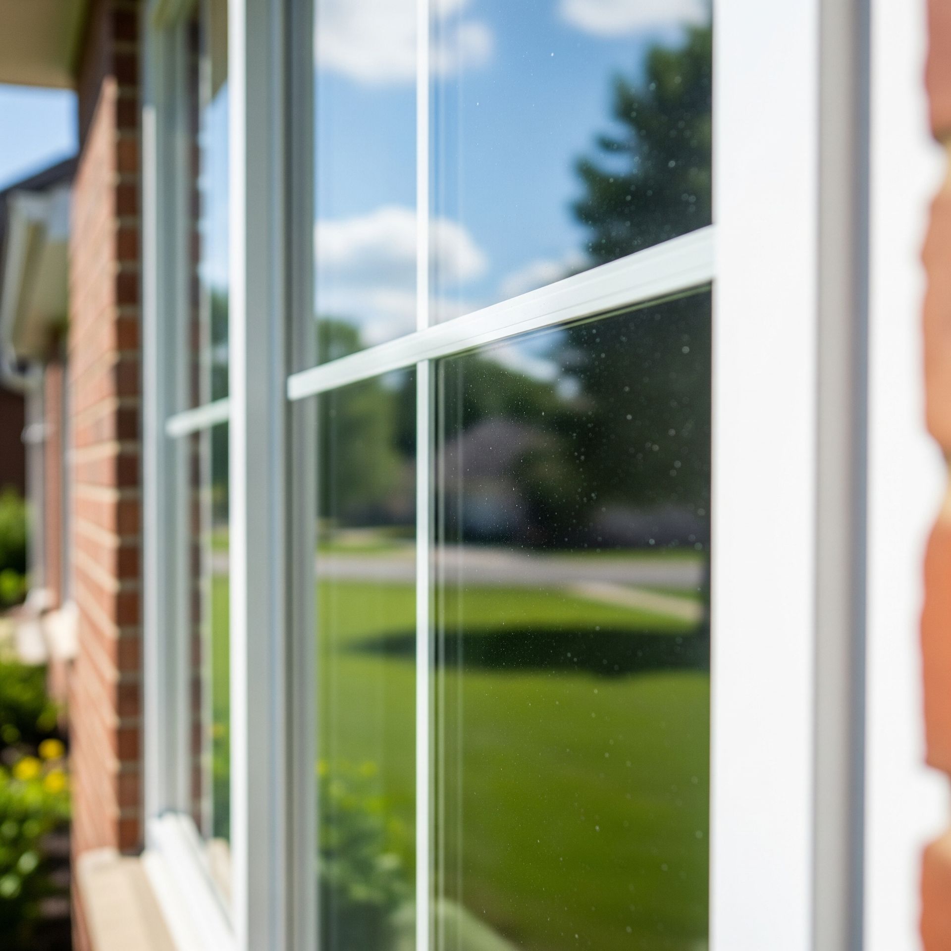White-framed window reflecting blue sky, clouds, green grass, and a house; red brick siding in view.