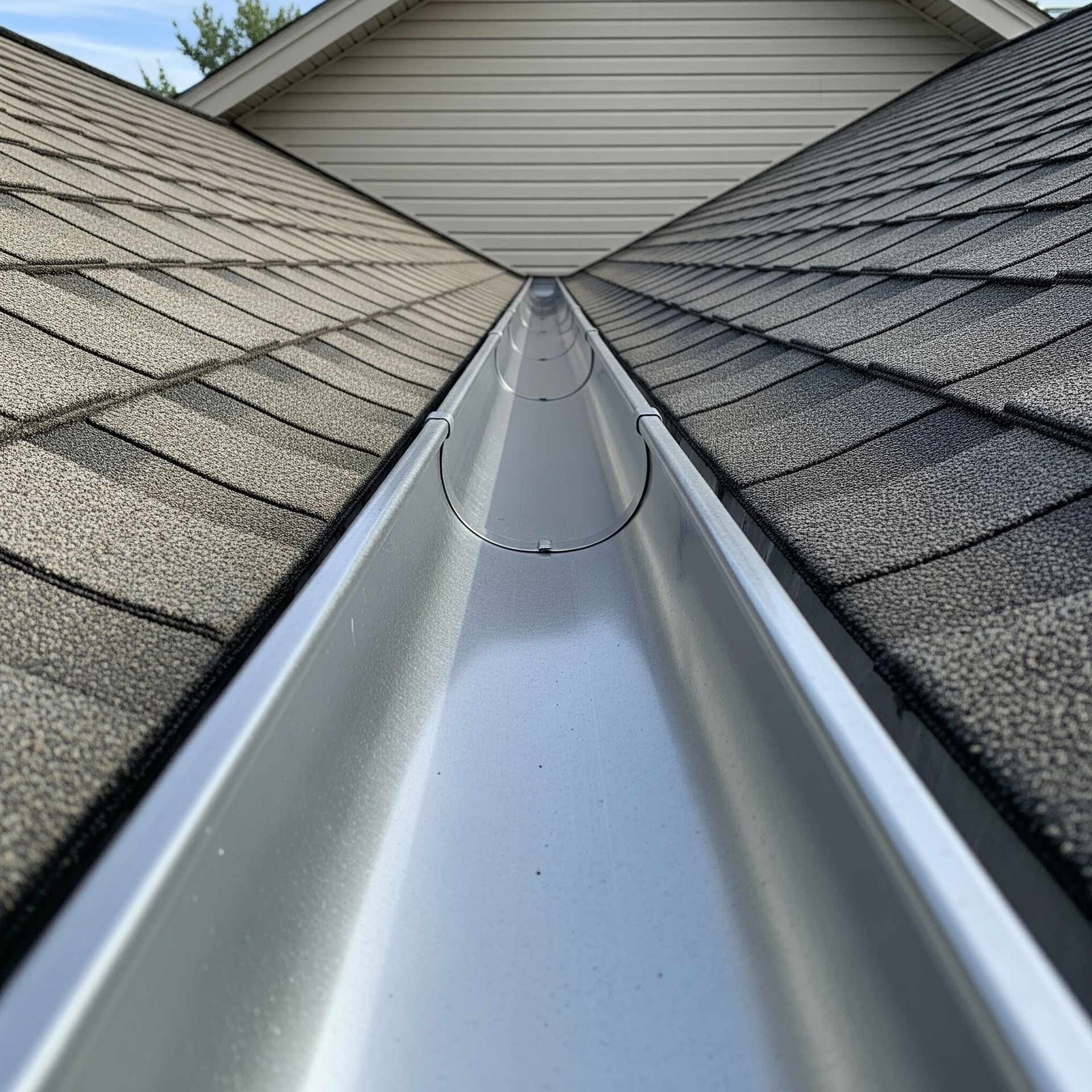 Newly installed silver gutter, between two gray shingle roof sections, viewed from below.