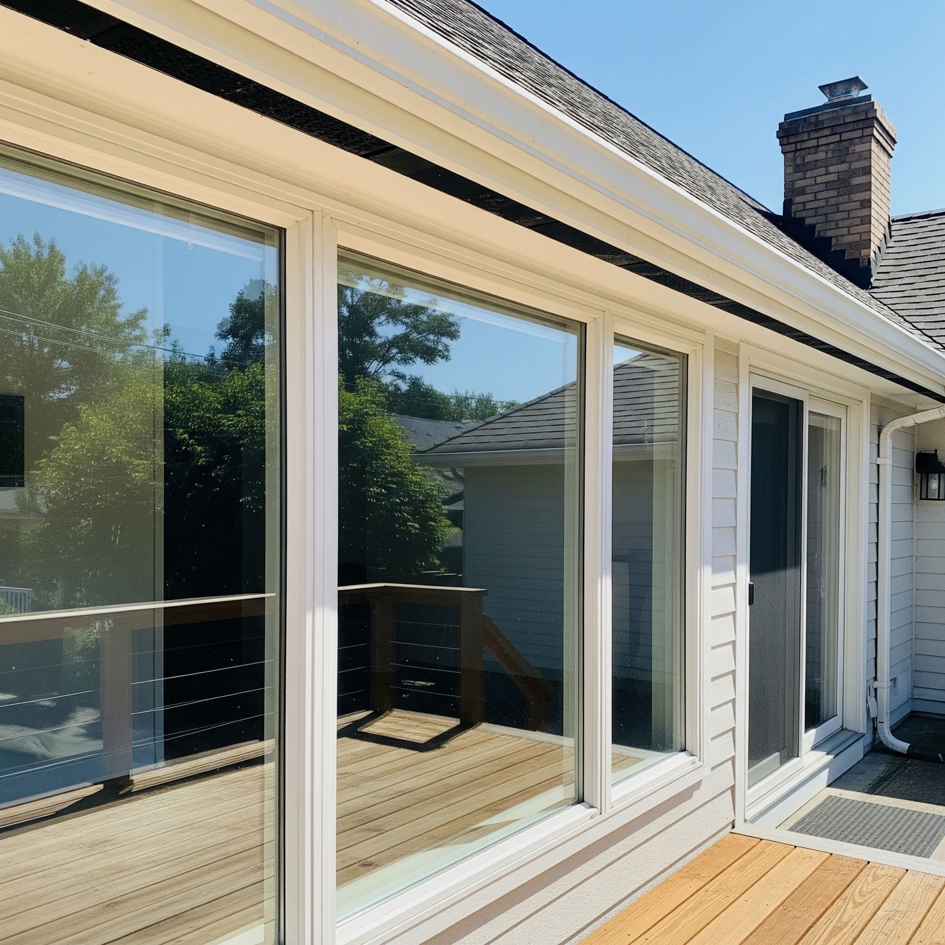Exterior view of house with deck and large windows reflecting a sunny outdoor scene.