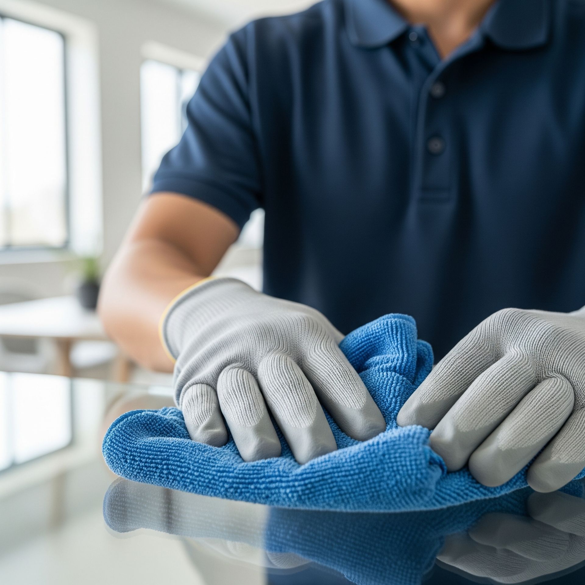 Person wearing gloves cleaning a shiny surface with a blue cloth.