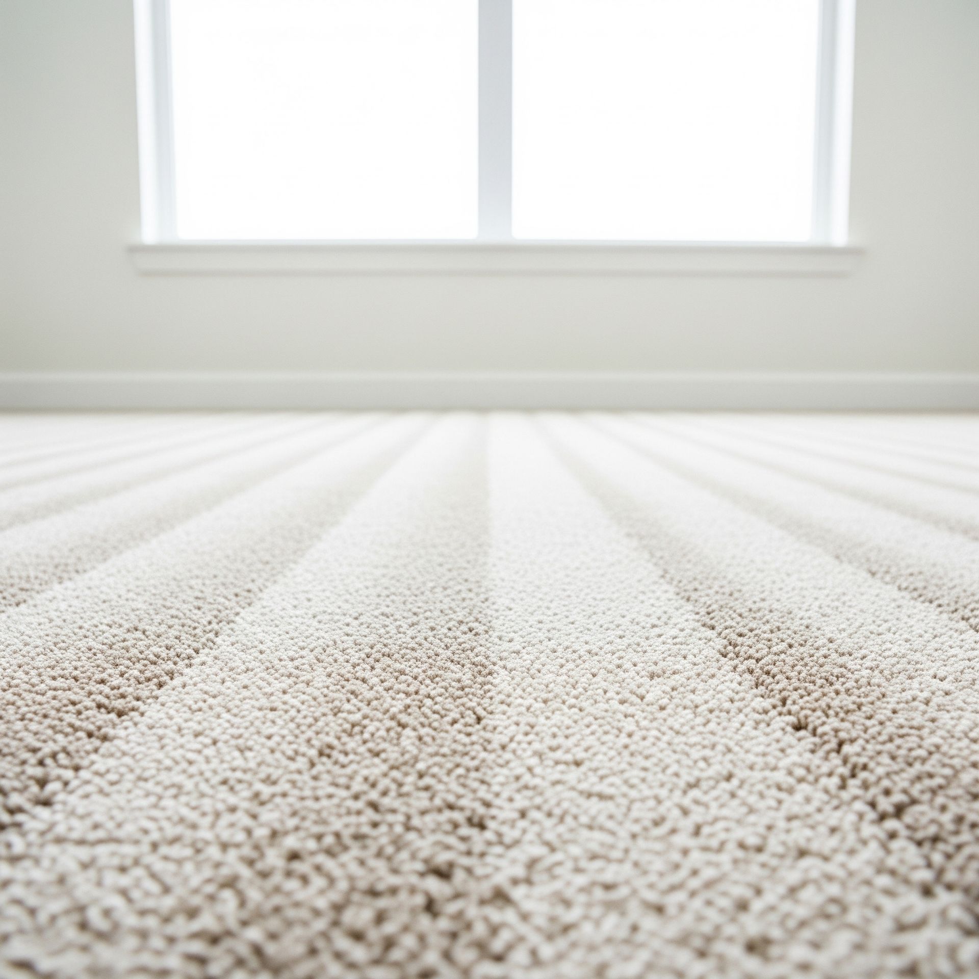 Close-up view of clean, light-colored carpet with fresh vacuum lines, leading toward a window.