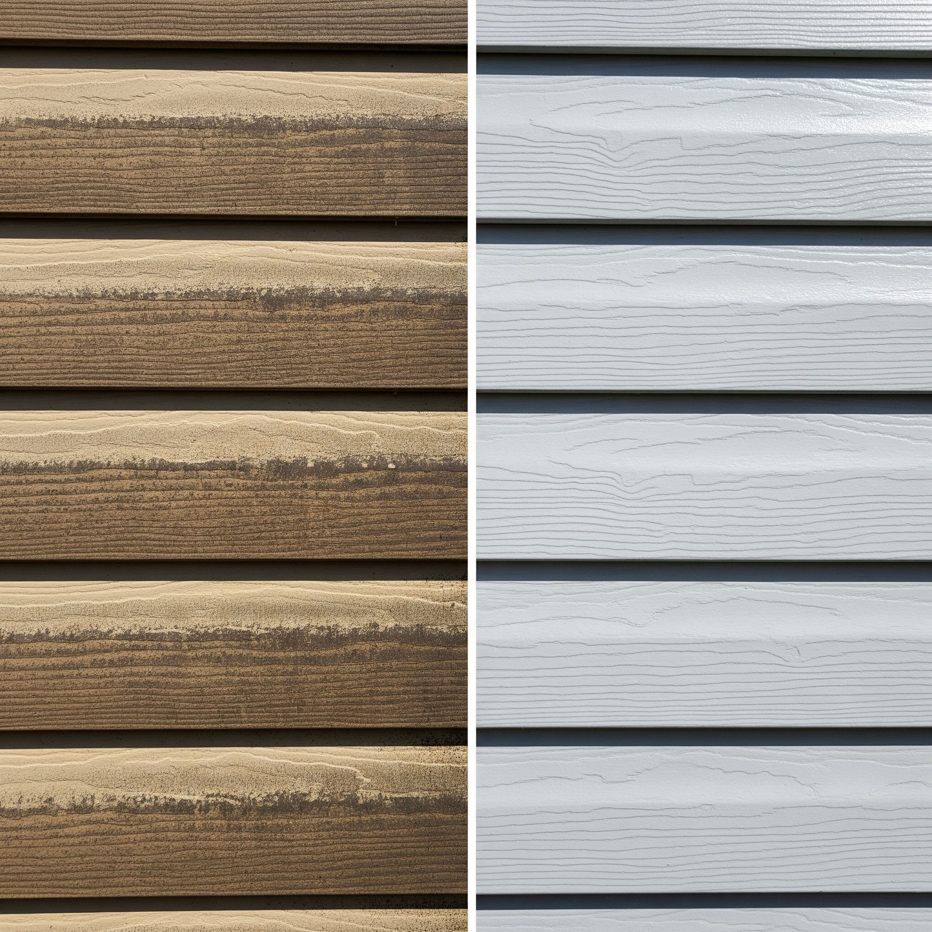Comparison of dirty brown siding (left) and clean, gray siding (right).