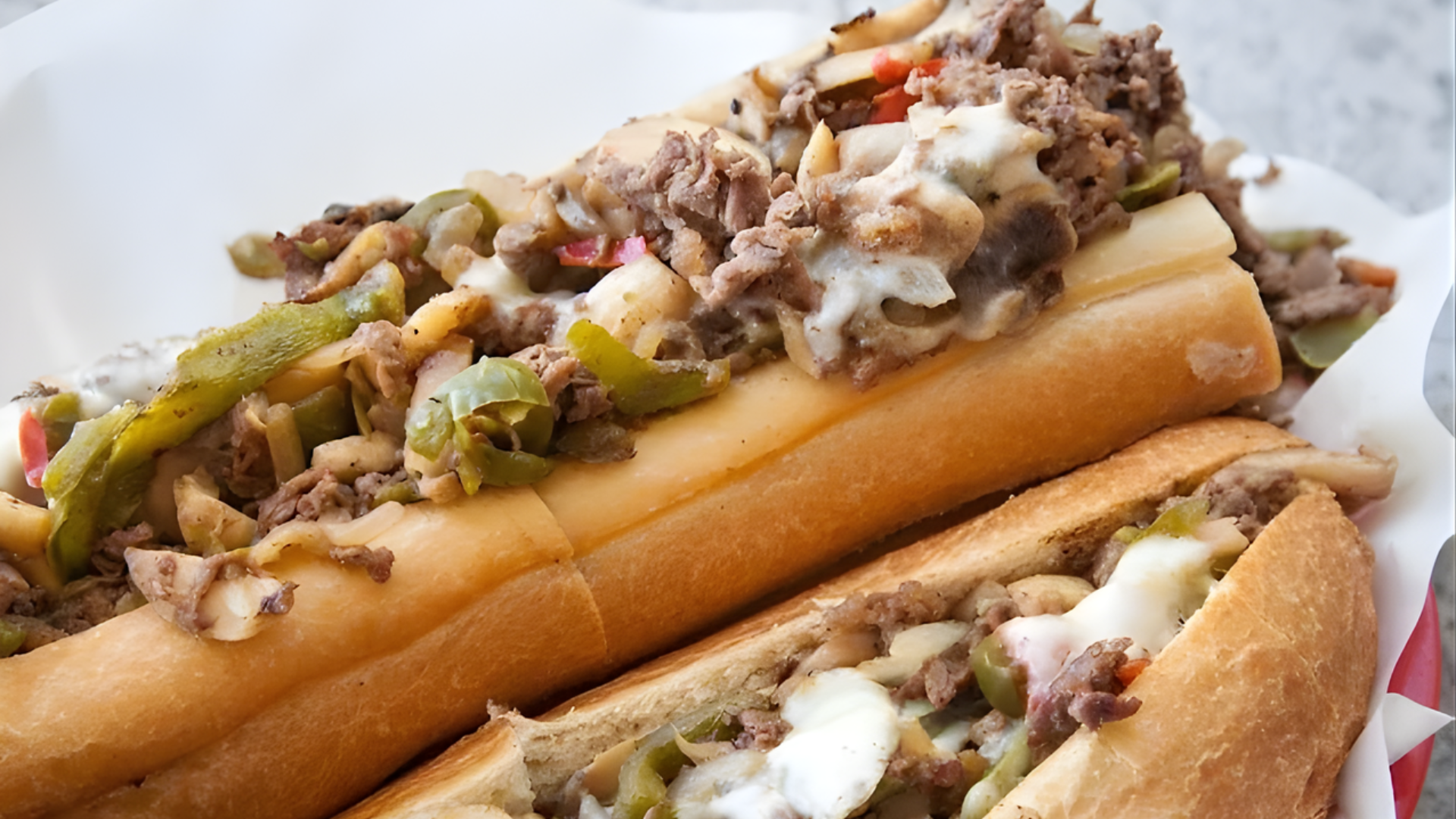 Two Philly cheesesteak sandwiches on a white paper liner, topped with melted cheese, sautéed peppers, and onions.