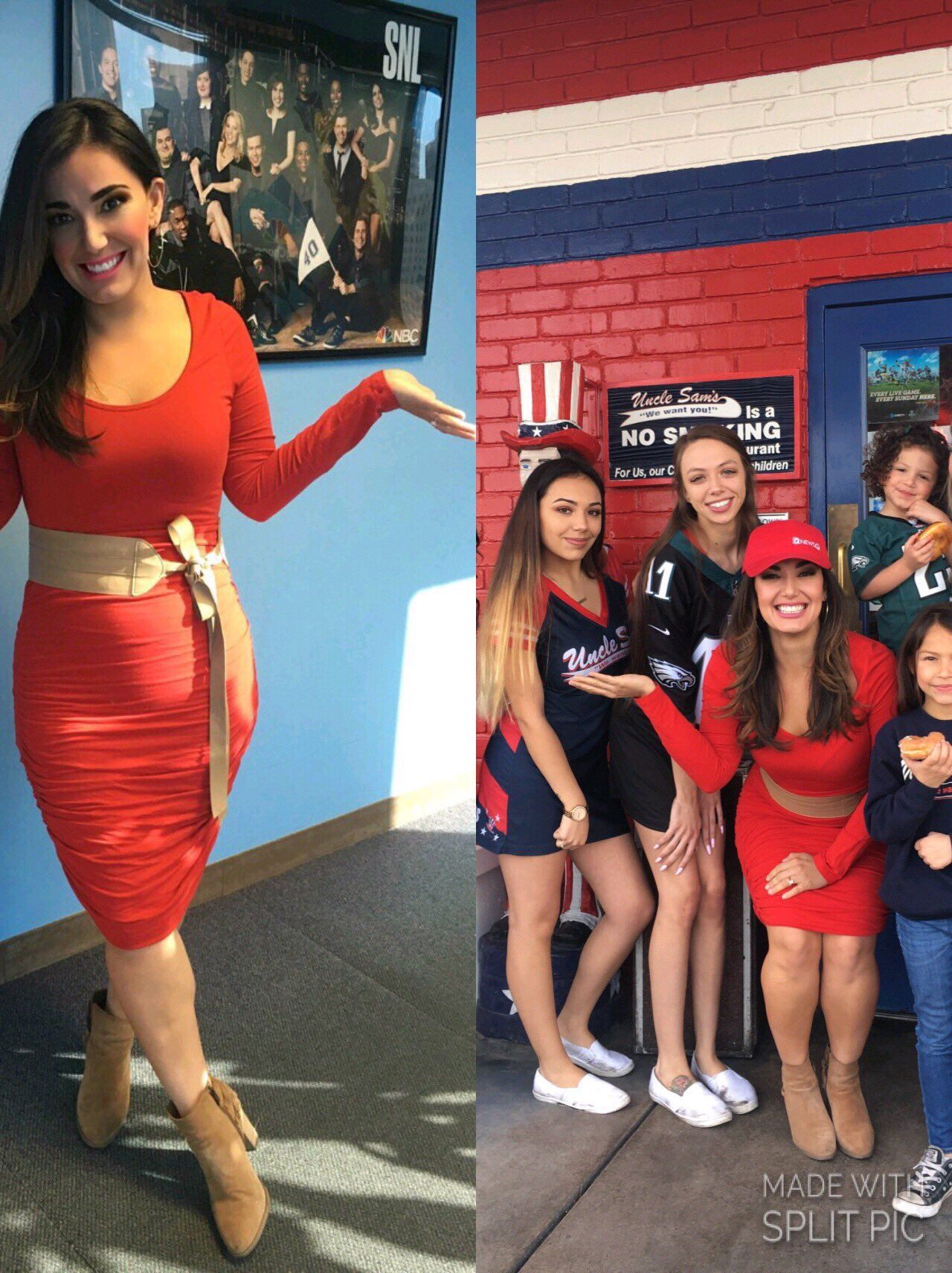 Side-by-side photos of a person in a red dress with a tan belt and ankle boots, posing in an office and with a group.