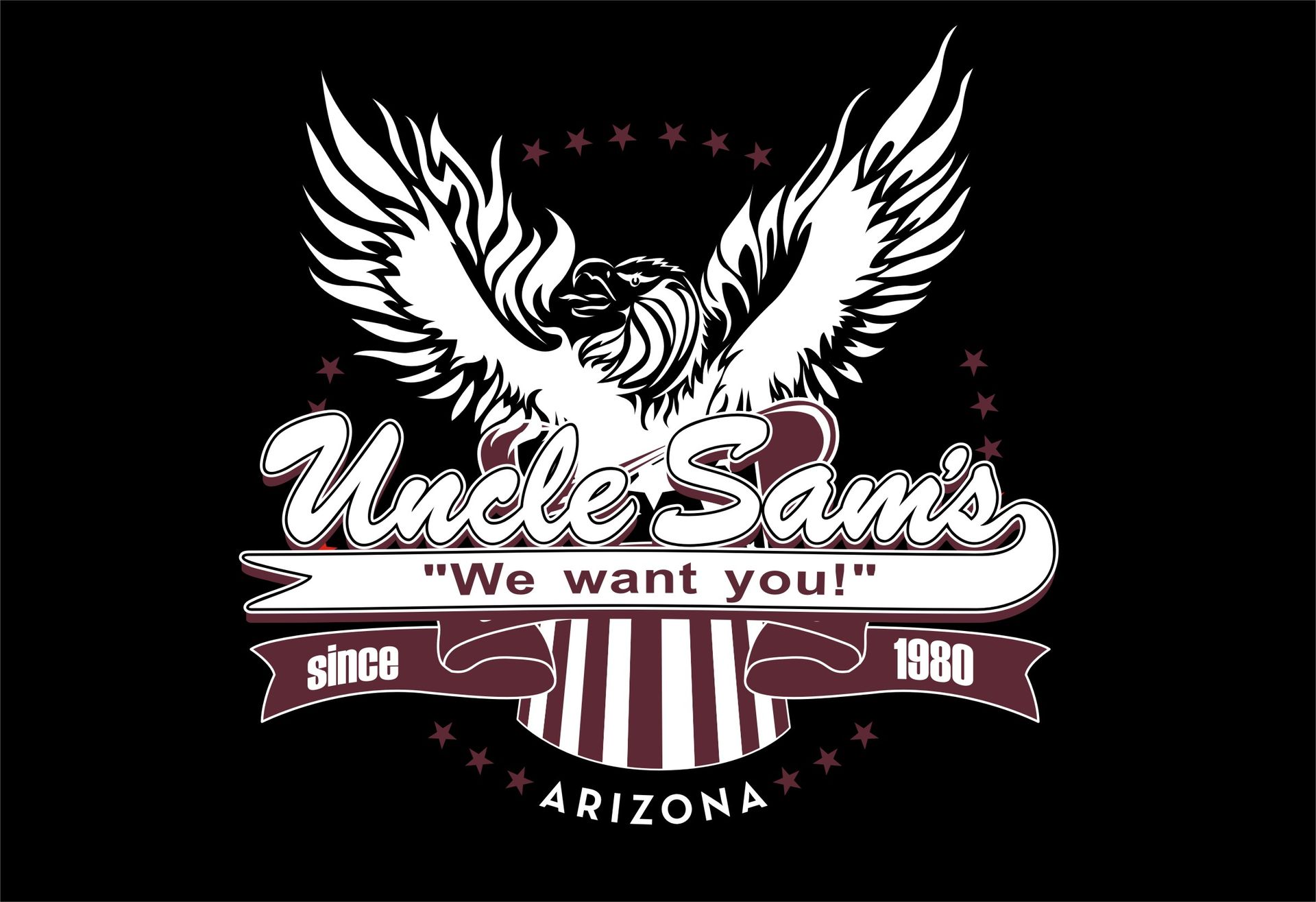 Logo for Uncle Sam’s Arizona, featuring a white eagle above a maroon and white banner reading 