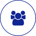 A dark blue circular icon containing a graphic of three overlapping human silhouettes.