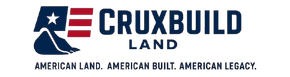 Logo for Cruxbuild Land featuring a stylized excavator bucket, American flag elements, and the slogan "American Land."