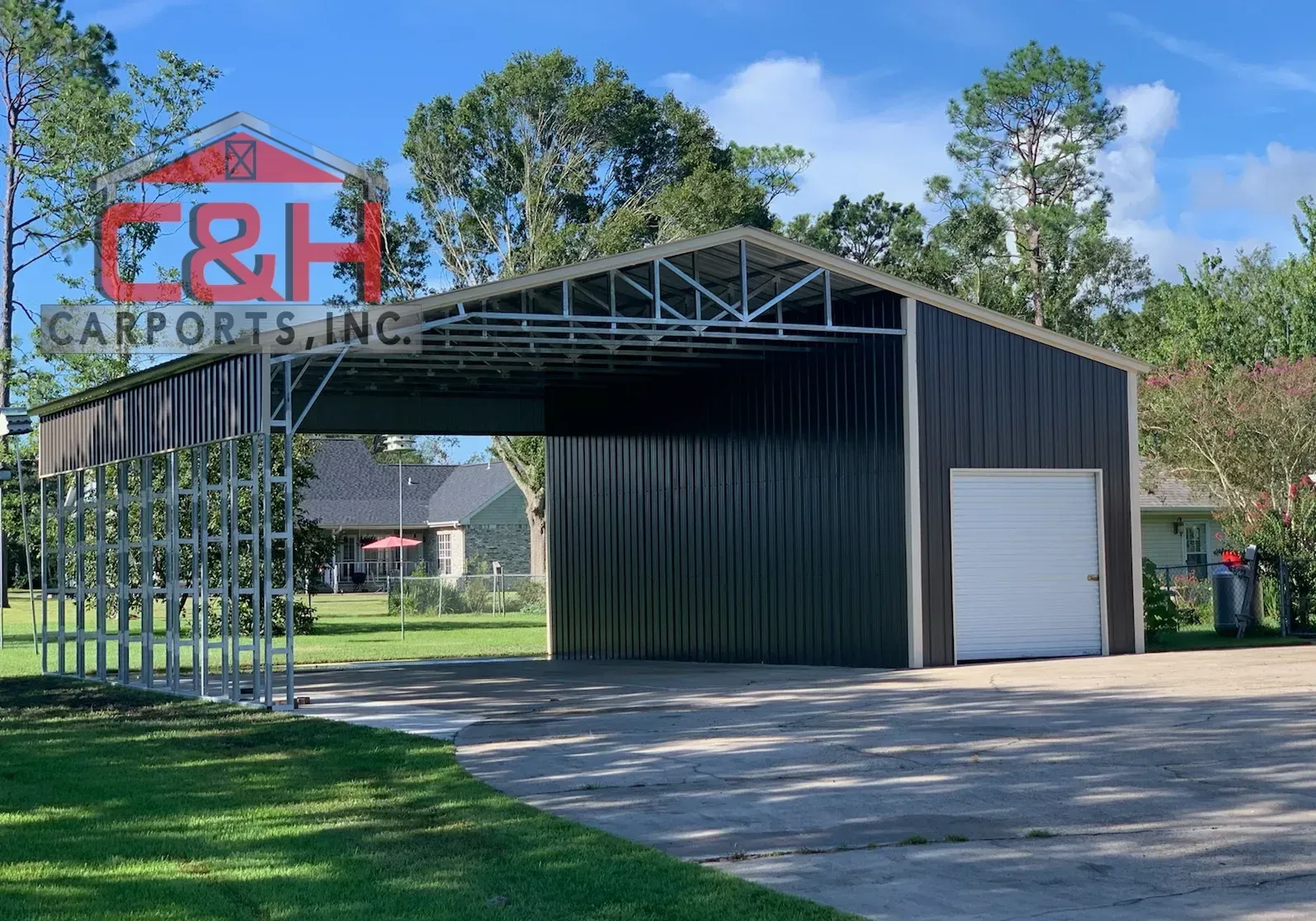 large steel barn and carport