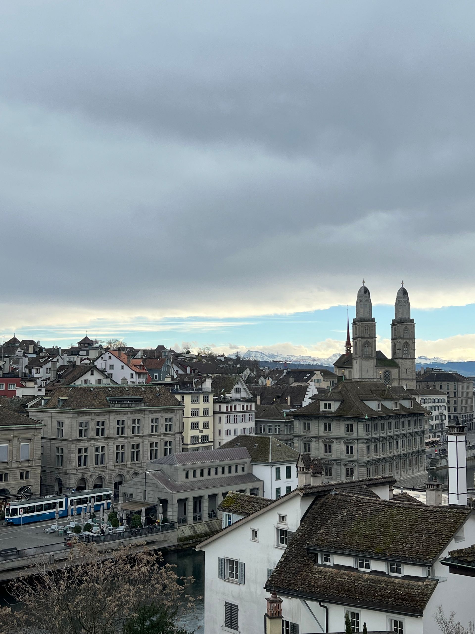 A high vantage point view of the city of Switzerland on the river.