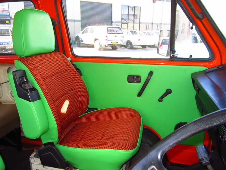bright green and red car seat