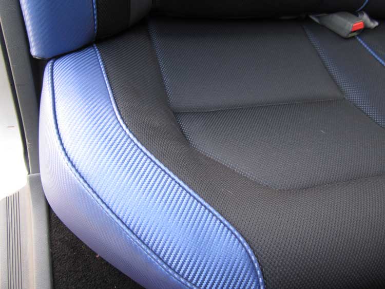 close up of blue and grey car seat