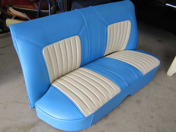 long blue and white seat for car
