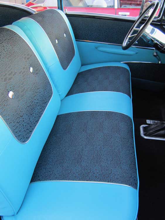 blue and grey patterned car seat