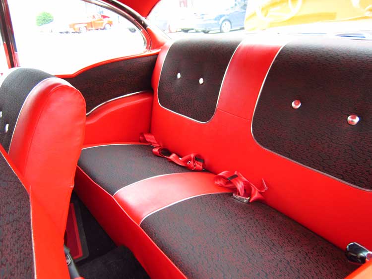 red and black patterned car seats