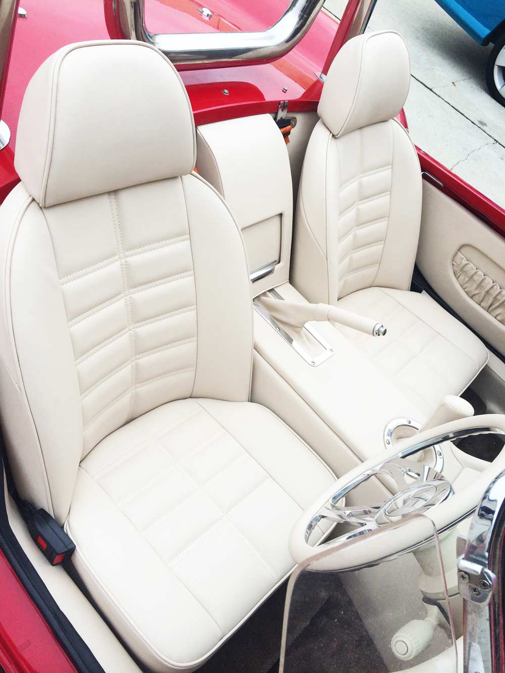 red convertible with white interior
