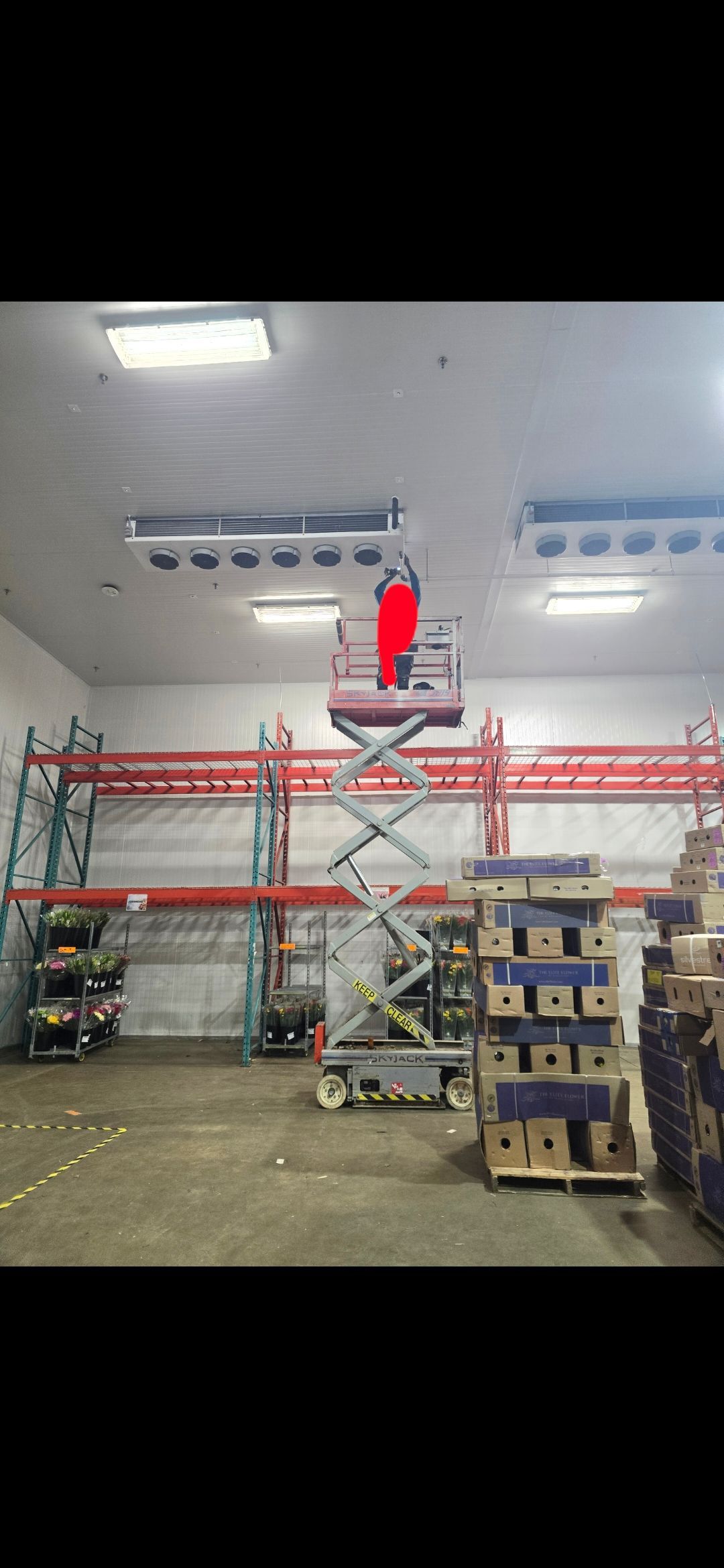 Person on scissor lift in warehouse, working on ceiling lights. Racks and boxes visible.
