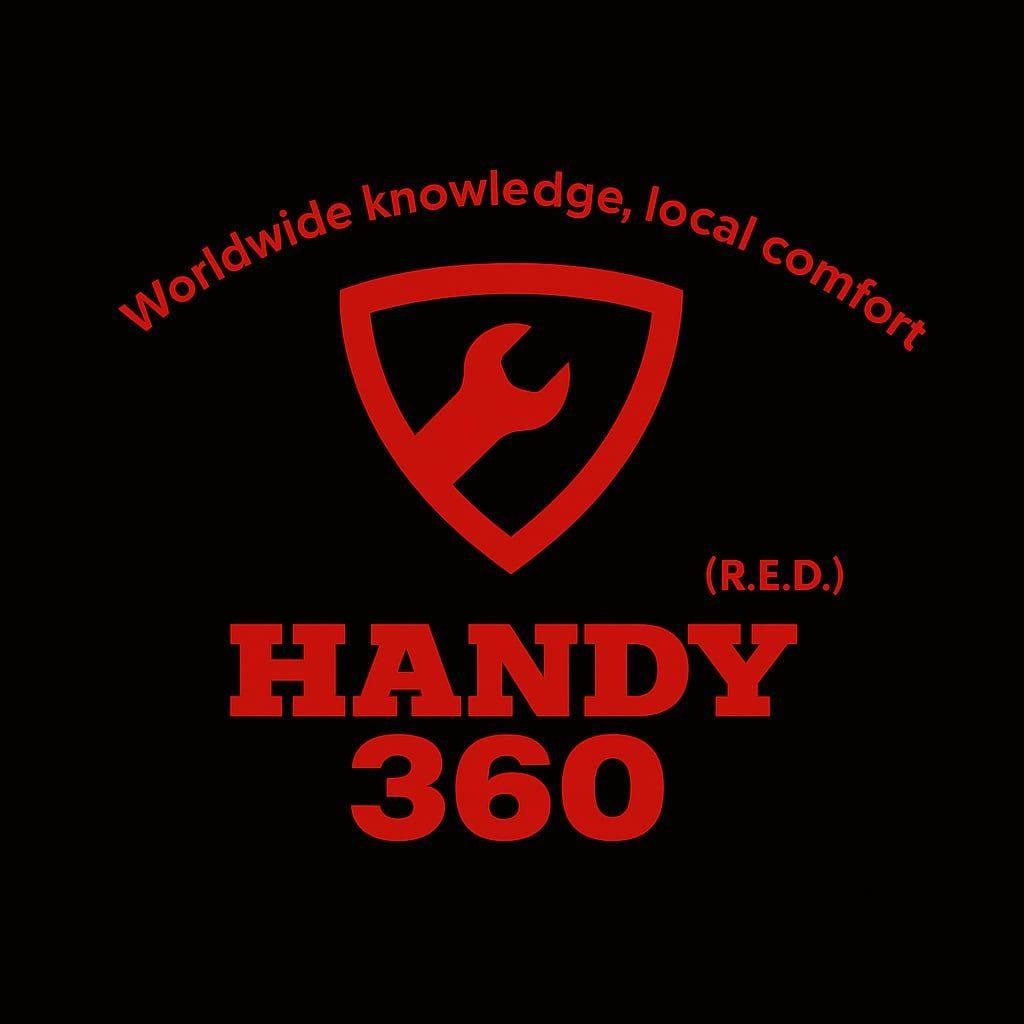 Red Handy 360 logo with a wrench in a shield, on black background. Text reads