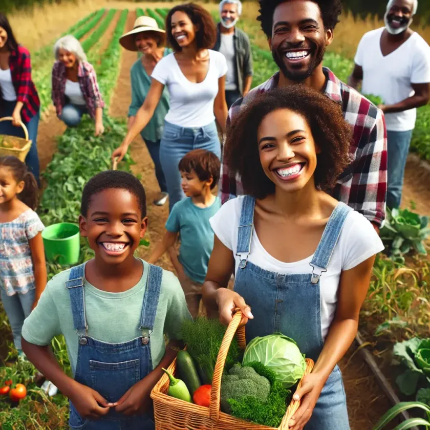 Smiling African American families enjoying a sunny day at a farm. They are harvesting fresh vegetables in a lush green field, with baskets of produce in hand. The group includes adults and children, engaging in sustainable farming activities, creating a warm and community-focused atmosphere. The vibrant setting shows rows of crops and people bonding in a relaxed, outdoor environment.