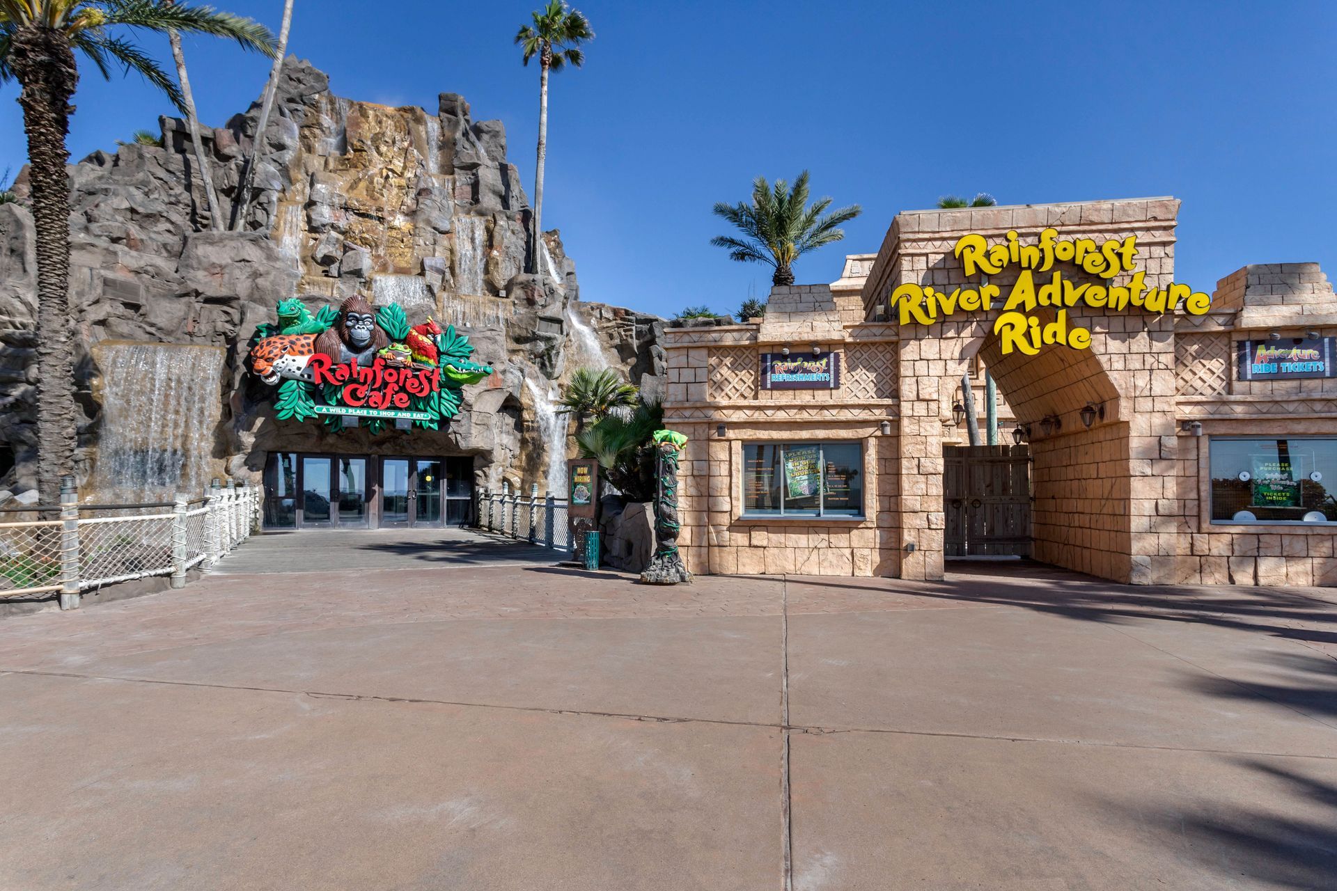The entrance to the Rainforest Cafe restaurant and Rainforest River Adventure ride.