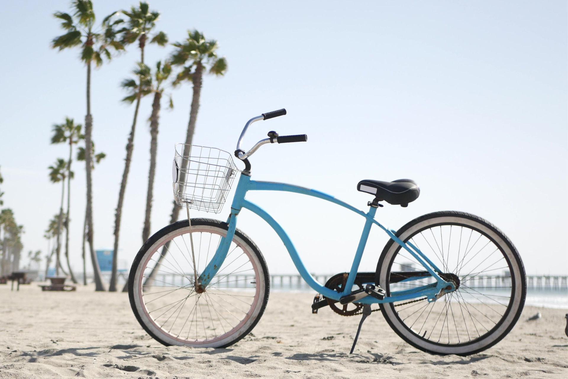 A blue bicycle is parked on the beach with palm trees in the background.