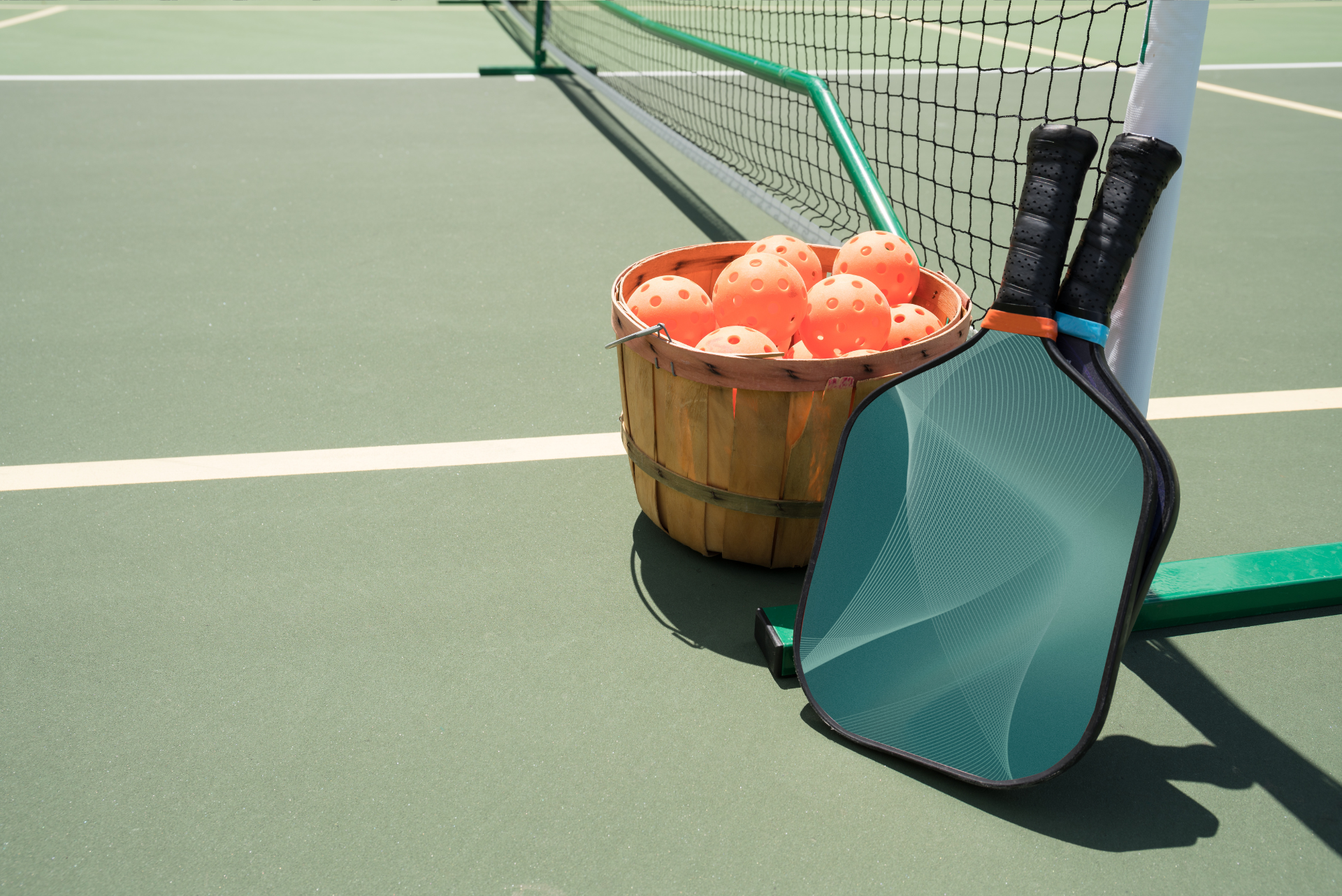 A basket of pickleball balls and two pickleball rackets on a pickleball court.
