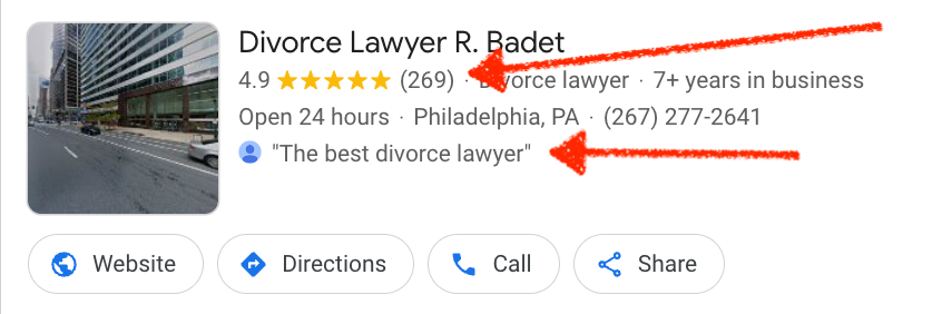 Philadelphia divorce lawyer law firm reputation management screenshot