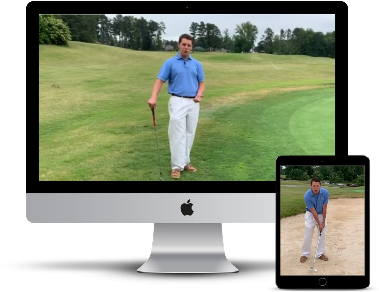 A man is playing golf on a computer and a tablet