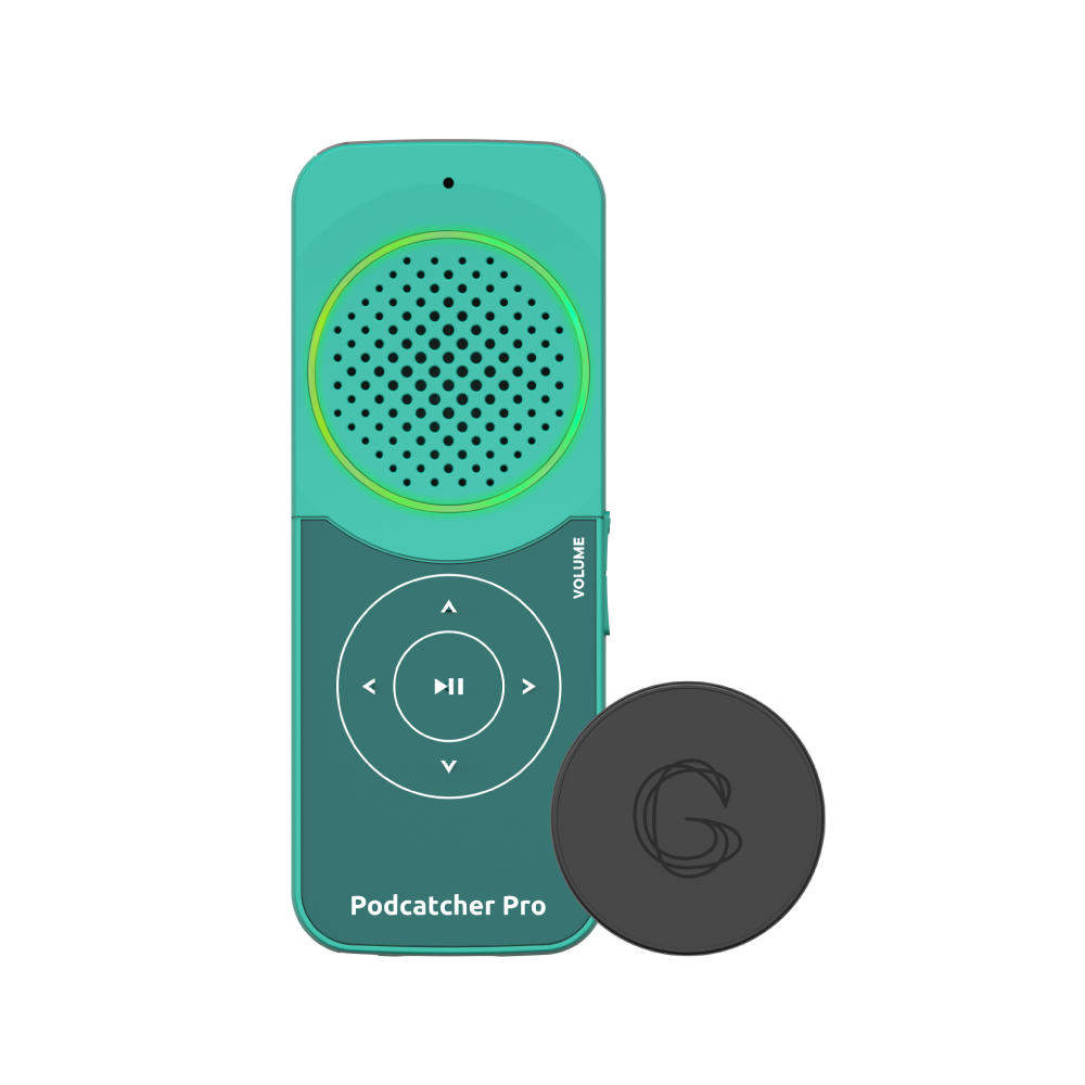 A green podcatcher pro device with a green light on it.