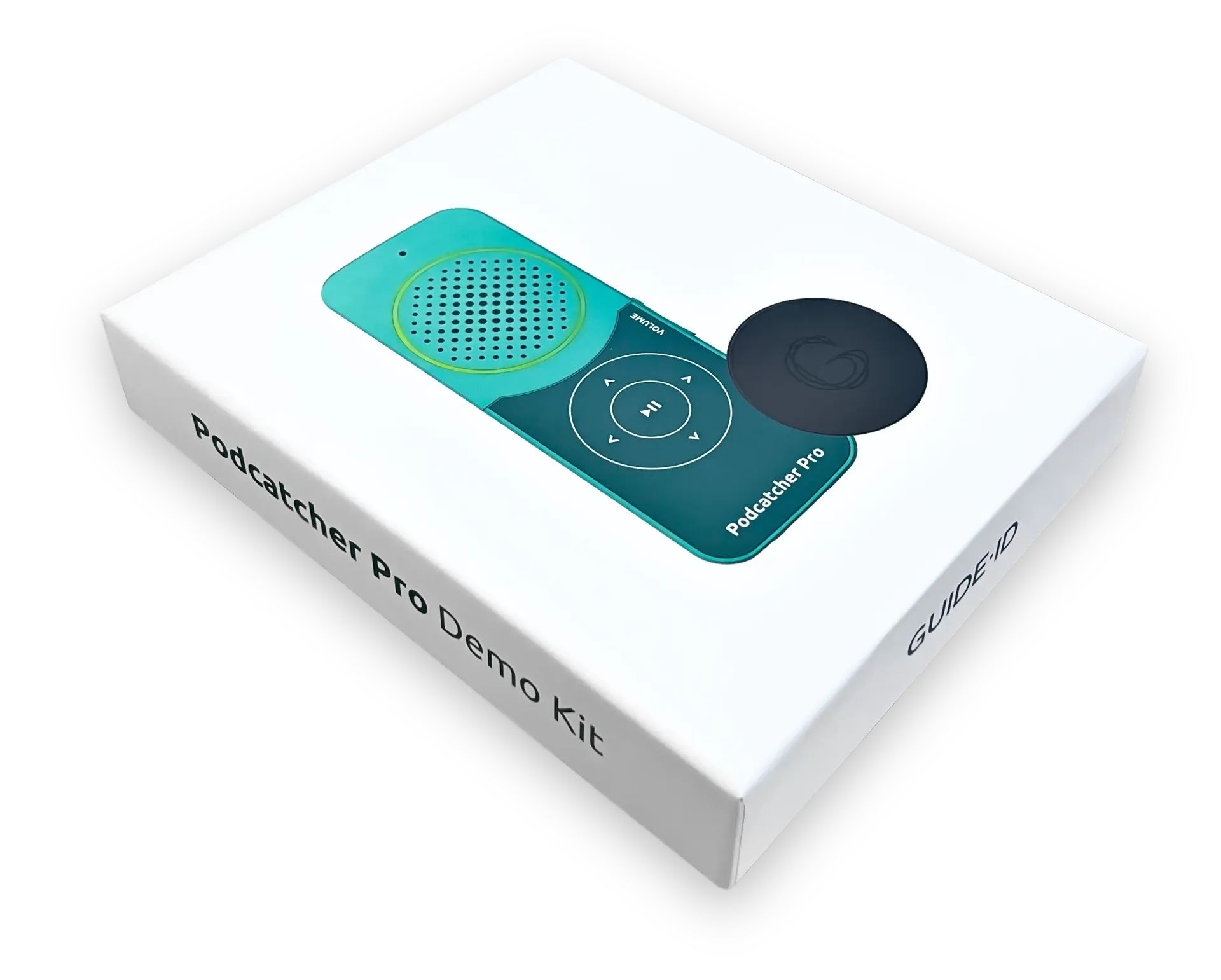 The Podcatcher demo kit, a white box with Guide-ID branding, and an audio guide device inside.