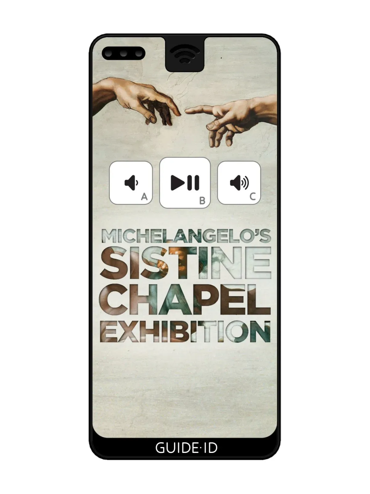 Un audioguide Guide-ID avec le logo de l’exposition sur la chapelle Sixtine, inspiré de « La Création d’Adam ».