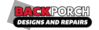 Logo for Back Porch Designs and Repairs, with red text "BACK" over white "PORCH". Below is "DESIGNS AND REPAIRS" on a black oval.